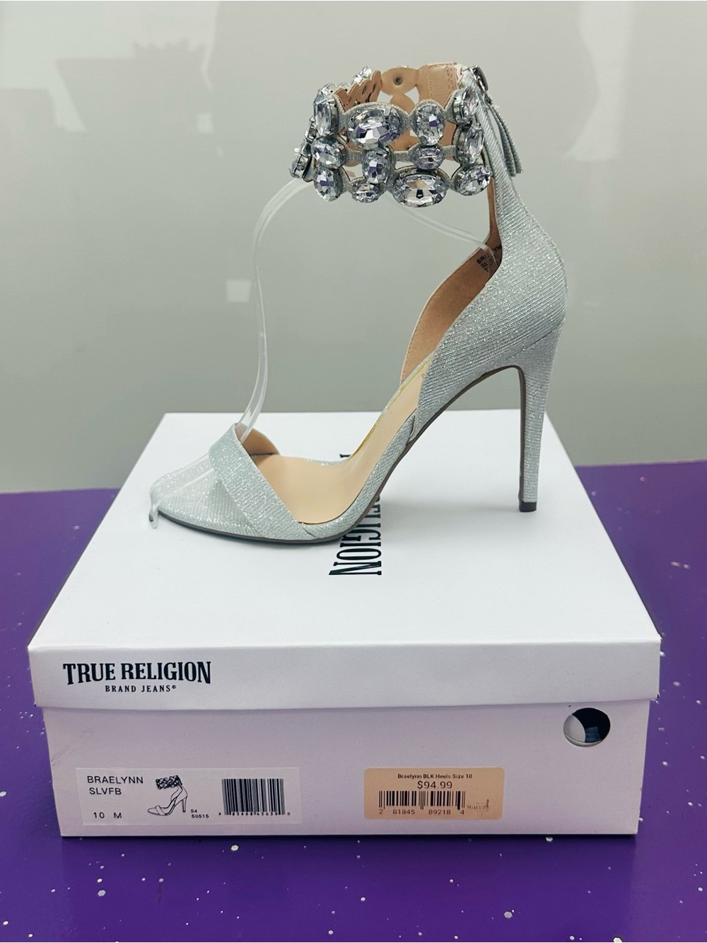 True Religion Silver Crystal-Ankle Stiletto Sandal